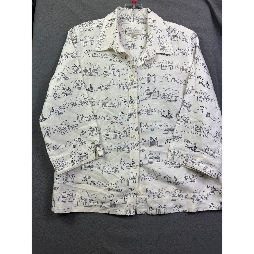 Christopher & Banks Linen Blend Beach Print Button Down Shirt Cream 3/4 Sleeve S